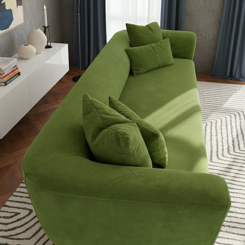 Zalma Three-Seater Velvet Sofa with Loose Pillows and Solid Wood Legs