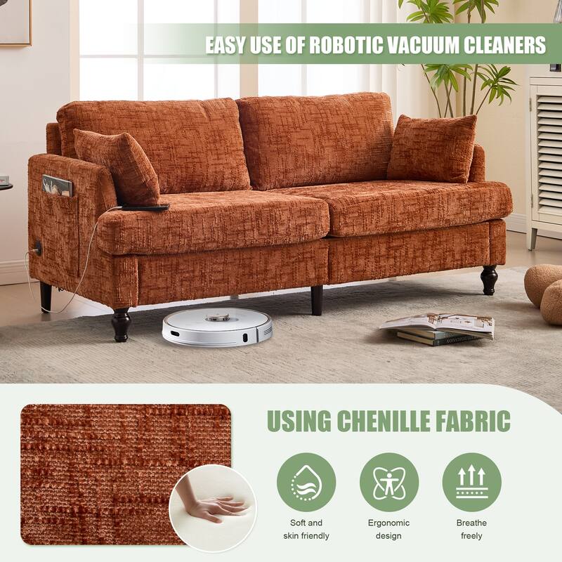 Modern Style Chenille 2-Seater Wood-Legged Sofa With Led Light, Usb Charging Port And Storage Bag Living Room Bedroom Study Room