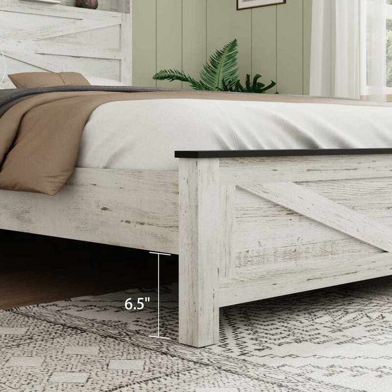 King Size Bed with Wooden Headboard and Hidden Storage Space, No need for box springs, Antique White+Gray