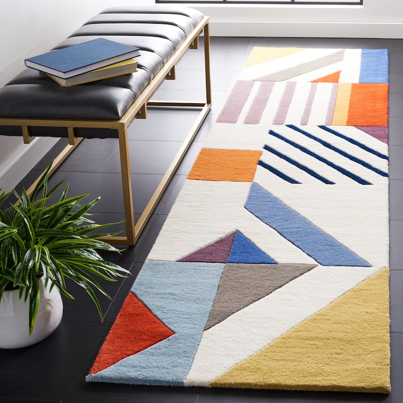 SAFAVIEH Handmade Fifth Avenue Carmo Mid-Century Modern Wool Rug - 2'3" x 13' Runner - Ivory/Multi