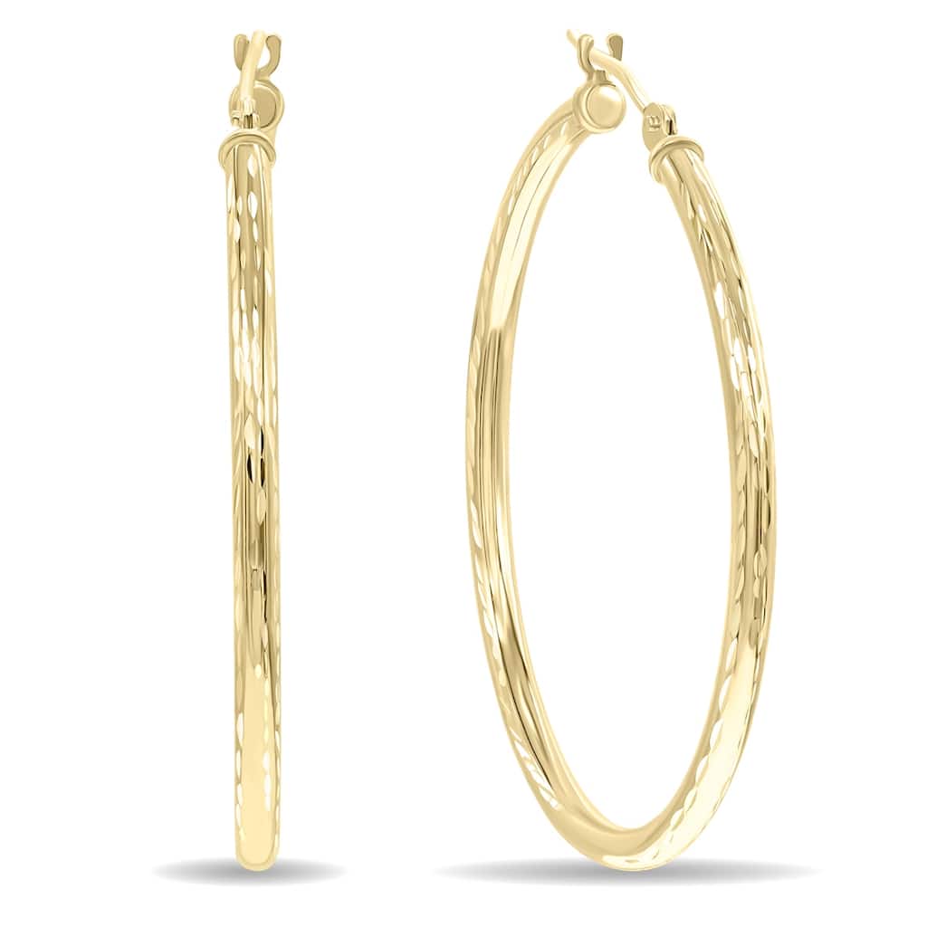 Marquee Jewels 14K Yellow Gold Shiny Diamond Cut Engraved Hoop Earrings (35mm)