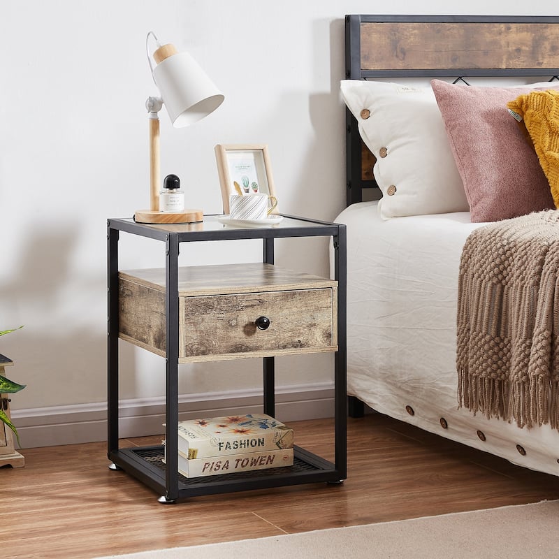 Javlergo Modern 1-Drawer Nightstand with Glass Top and Storage Shelf