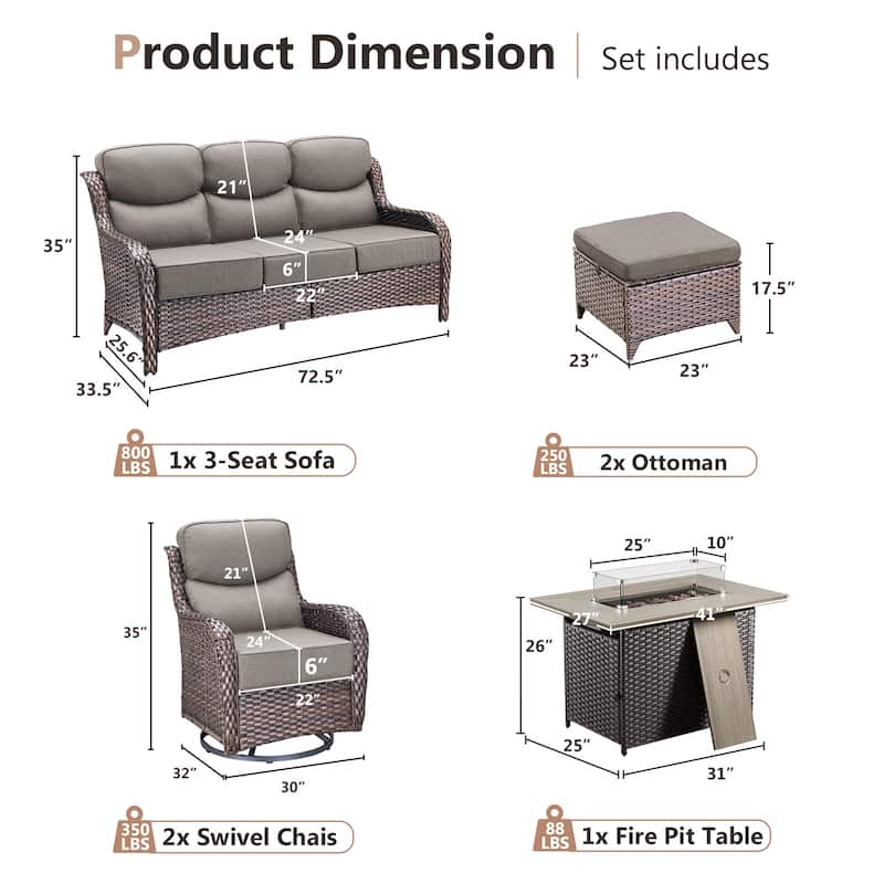 Pocassy 6 Pieces Outdoor 6 Inch Sofa Swivel Chair Ottoman with Fire Table