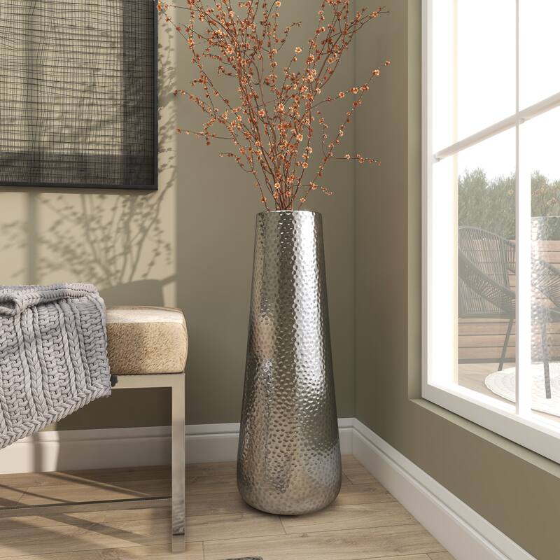 Silver Aluminum Metal Tall Hammered Vase