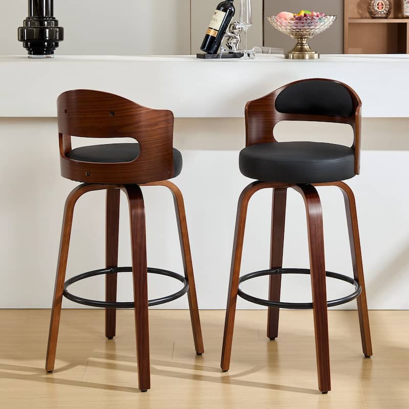 26" Swivel Faux Leather Upholstered Counter Height Bar Stools with Wooden Legs, Set of 2/4 - Black - Counter Height - Set of 2