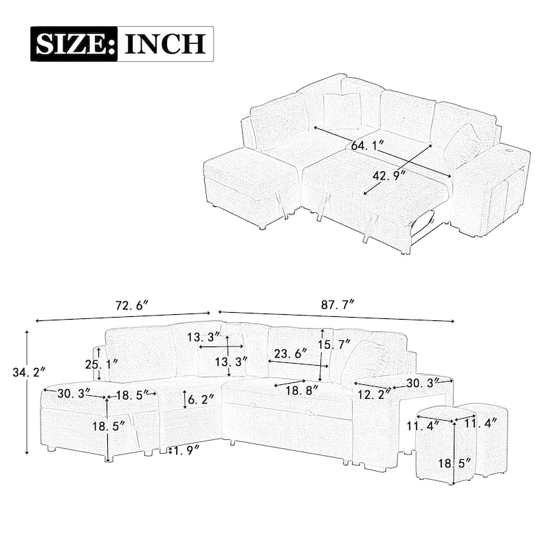 87.7" 4-Seat Convertible Sectional Sofa Set with Pillows and Ottoman