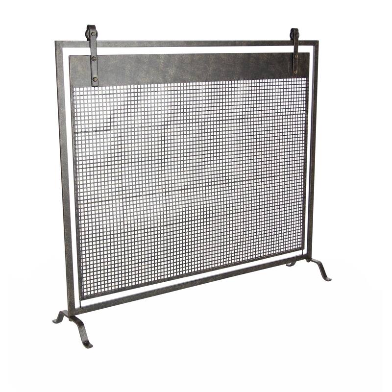 Black Metal Suspended Grid Single Panel Geometric Fireplace Screen with Bolted Detailing