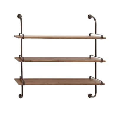 Wood 2 or 3 Level Wall Shelf with Black Metal Brackets - Brown or Gray - Roche River Decor
