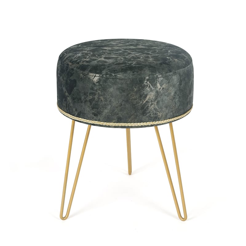 Adeco Footstool Round Ottoman Velvet Dressing Stool Gold Metal Legs