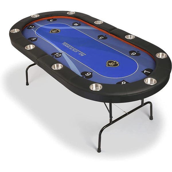 slide 2 of 6, 10 Player Folding Poker Table 84" Casino Texas Holdem Blue Felt Surface Game Table with Stainless Steel Cup Holder