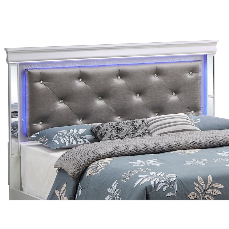 Jewel Tufted Upholstered Panel Full Bed with LED Light - 80" - Silver Champagne