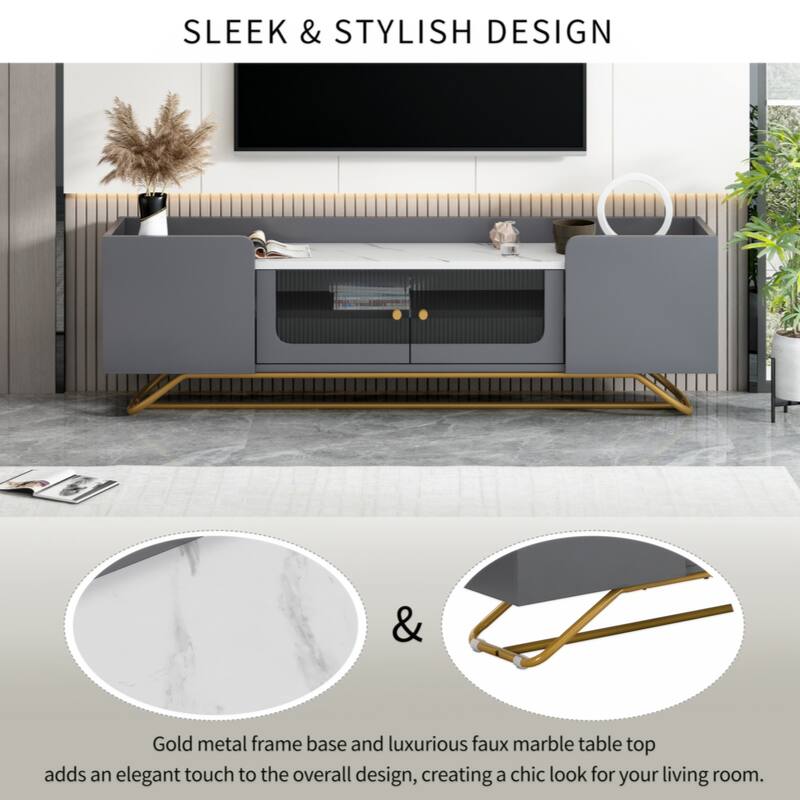 Sleek Design TV Stand with Fluted Glass, Contemporary Entertainment Center for TVs Up to 70"