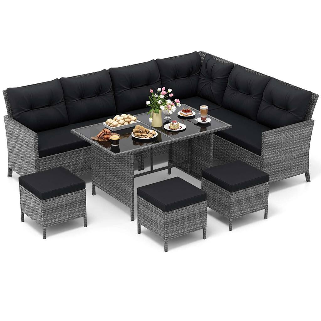Gymax Set of 7 Dining Furniture Set PE Rattan Sectional Sofa Set Patio