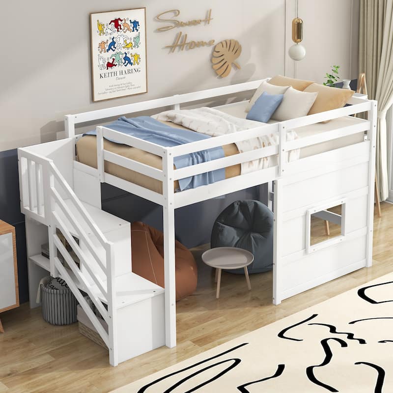 Twin Size Loft Bed with Storage Staircase, Window, and LED Light, White