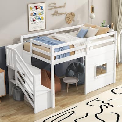 White Twin Loft Bed with Built-In Storage Staircase and Playful Window