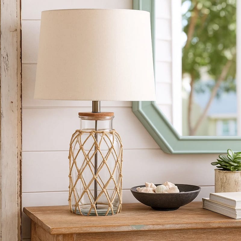 Glass Table Lamp with Jute Wrapped Design, Clear and Brown
