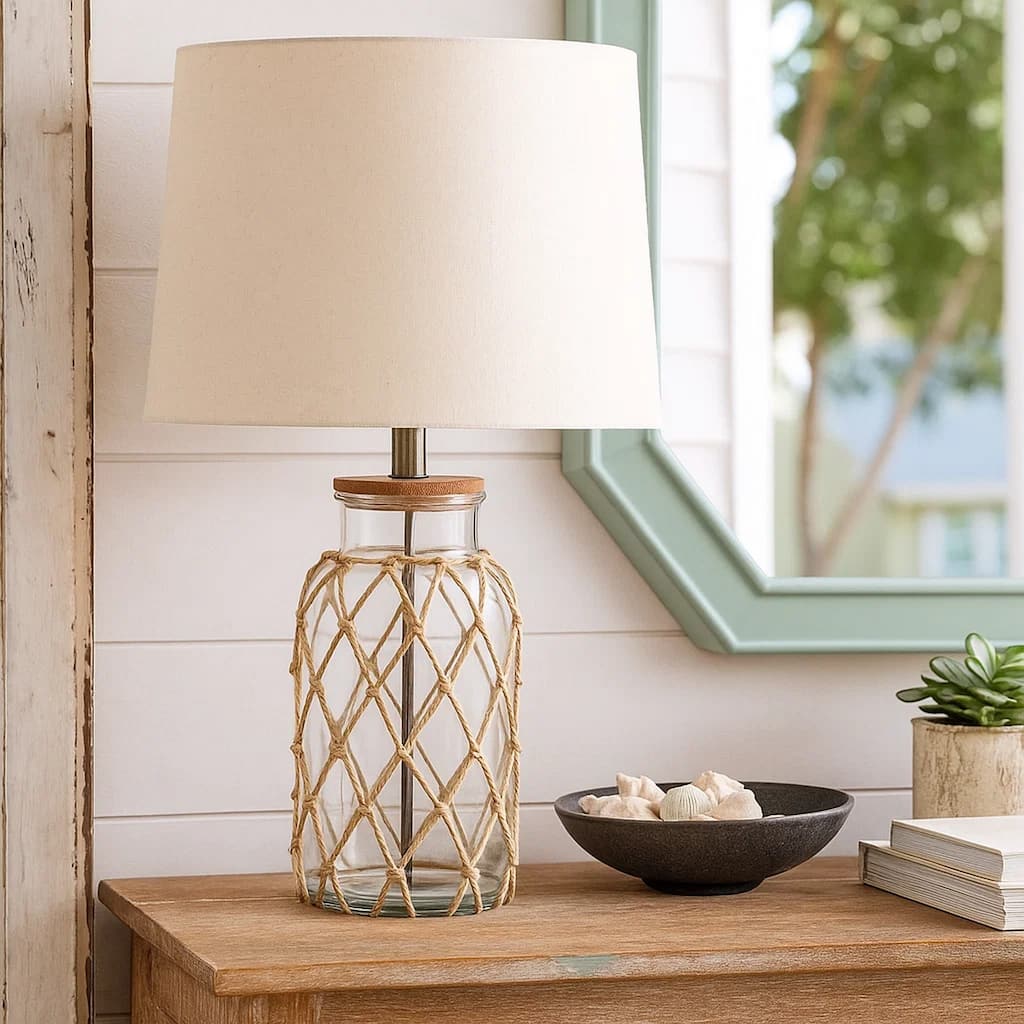 Glass Table Lamp with Jute Wrapped Design, Clear and Brown