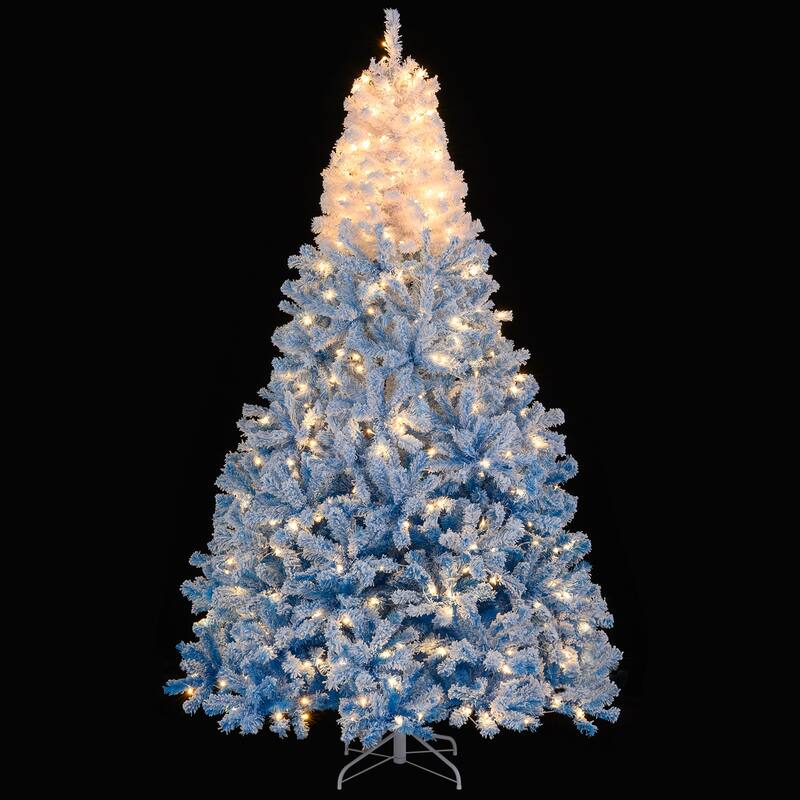 Gymax 5/6/7/8 FT Artificial Christmas Tree Hinged Snow Flocked Xmas - Blue, White