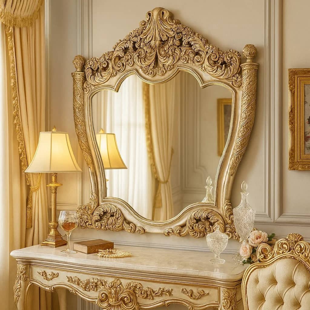 Mas 59 Inch Classic Wood Mirror, Ornate Carved Frame, Champagne Gold
