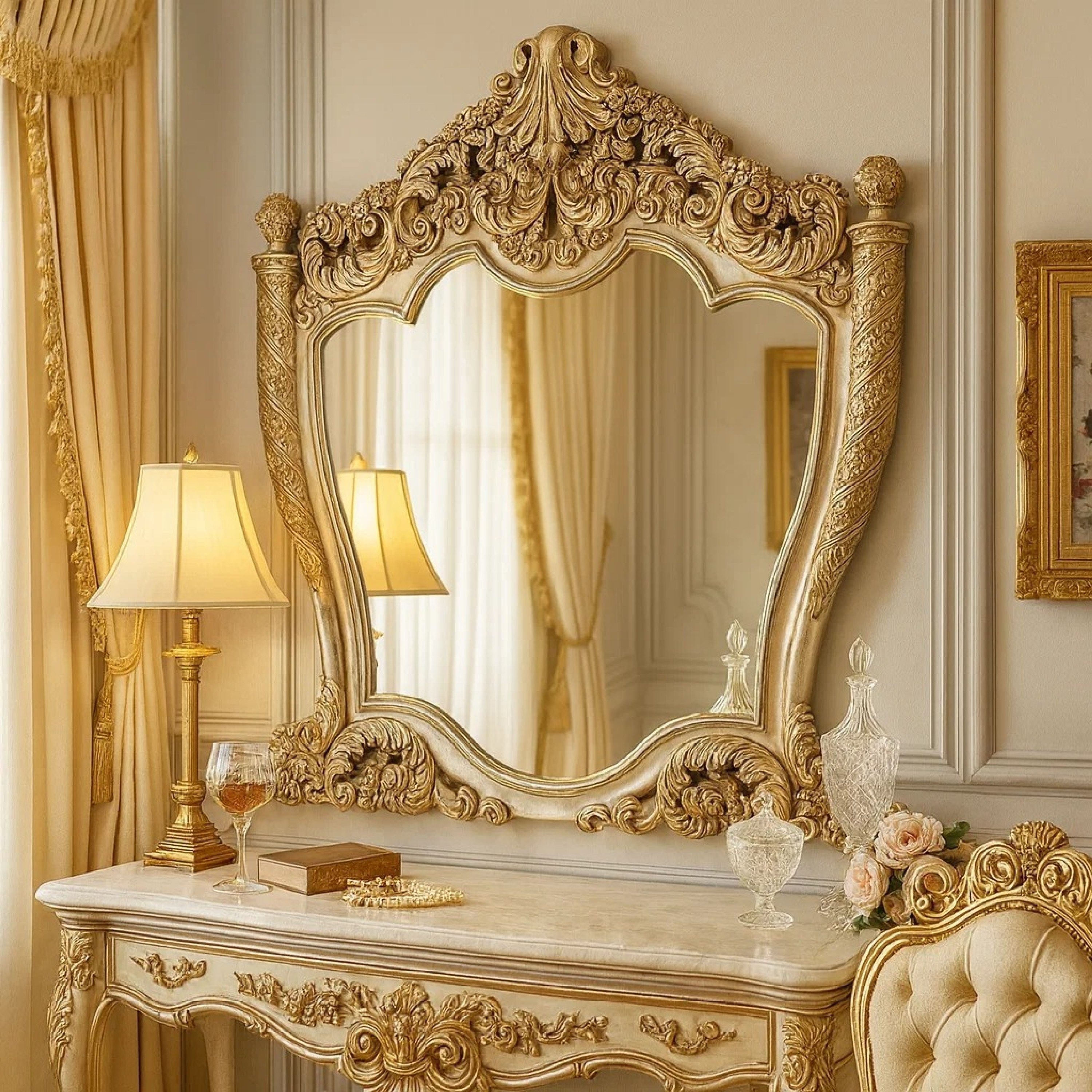 木製　額縁 ガラス　ヴィンテージ　約131×77.5センチ Mas 59 Inch Classic Wood Mirror, Ornate Carved Frame, Champagne