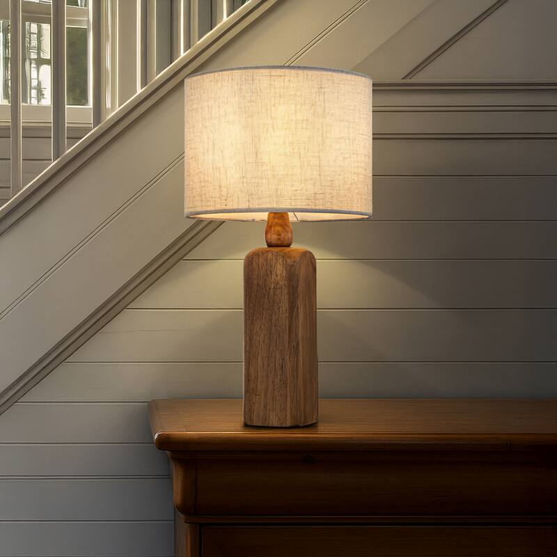 18''/22''Farmhouse Traditional Natural Solid Wood Table Lamp with Beige Fabri Drum Shade for Bedroom Living Room