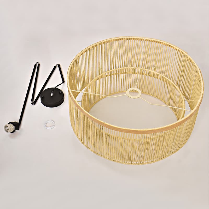 Traditional Rattan Chandelier Pendant Light With Wood Finish Band