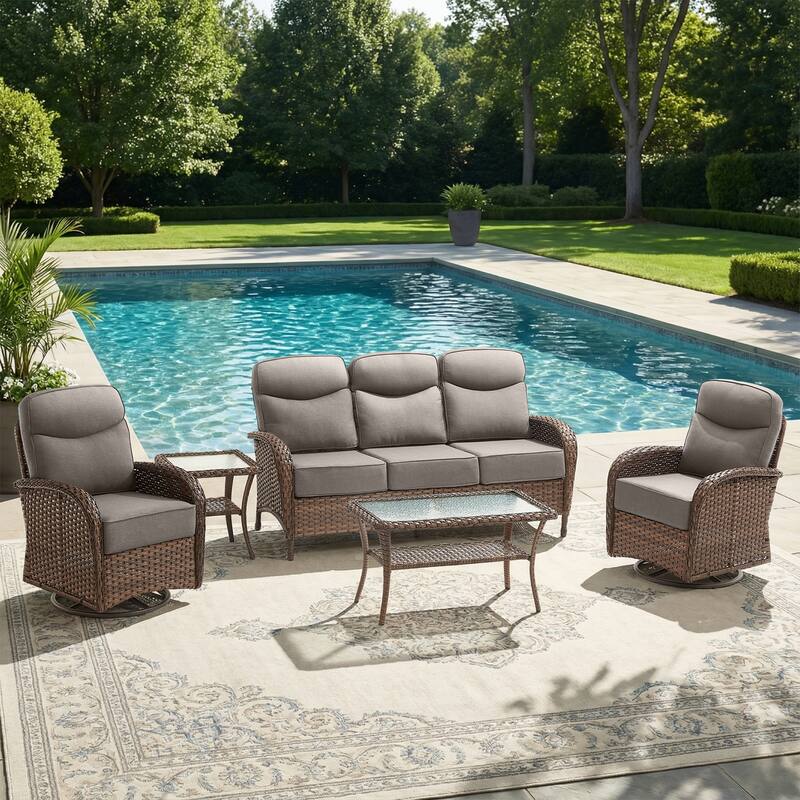 Pocassy Outdoor Wicker Patio Sofa with Swivel Chair Ottoman Sets - Brown Wicker Gray Cushion - 5-Piece Sofa Swivel Chair with Table