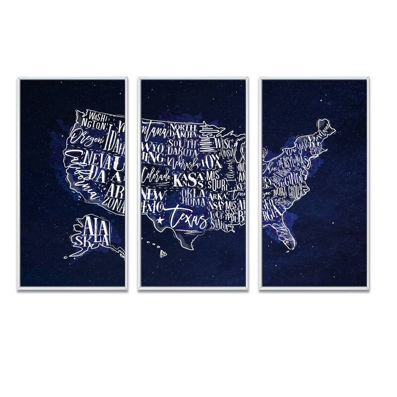 Designart "United States Blue Vintage Map" Maps Framed Artwork Set of 3