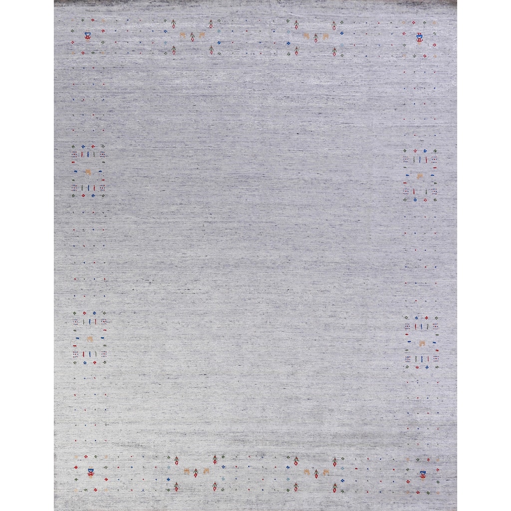 Hand Knotted Oriental Viscose Silk Carpet Tribal Stripe Greys & Charcoal Gabbeh Area Rug - 9' 8'' X 8' 2''