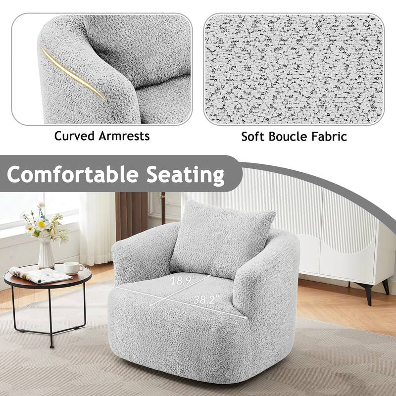 Roomfitters Modern 360 Degree Swivel Barrel Accent Chair with Pillow, Soft Boucle Fabric, Light Gray