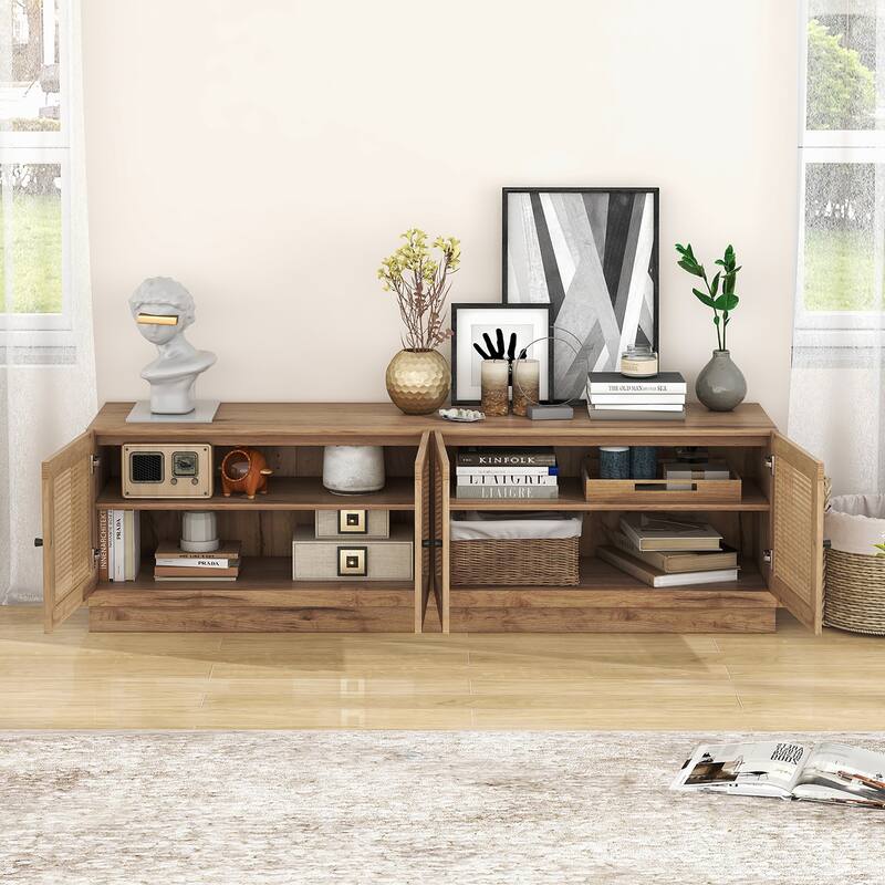 Gymax 4-Door PE Rattan Media Console Table Farmhouse TV Stand for TVs