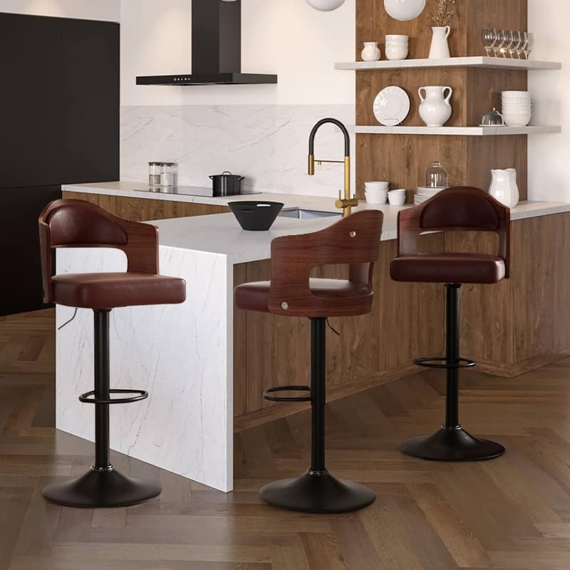 Swivel Bar Stools Set of 2 Seat Adjustable Height 24.5-33.5IN, Wooden Barstools PU Leather Upholstered Bar Chairs