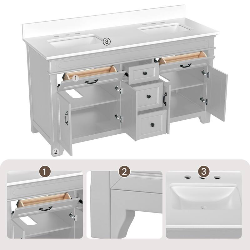 60-Inch Double Sink Bathroom Vanity – Clean Elegant Style in Solid Wood and MDF Blend