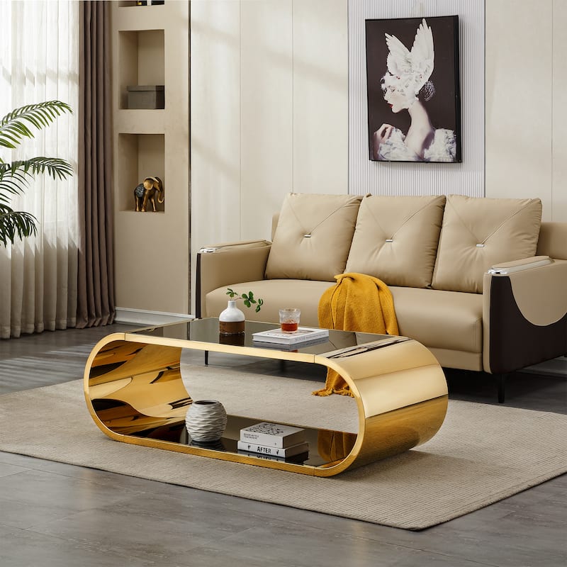 Modern Oval 2-Tier Coffee Table End Table with Gold Stainless Steel Frame, Accent Table Dining Table with Tempered Glass - Black+Gold