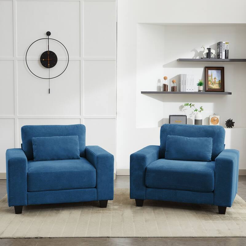 Corduroy Widened Single Sofa Chair, A Extra Lumbar Pillow - 2 Pieces - Azure