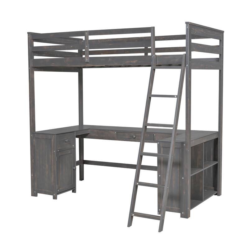 Twin Size Loft Bed with U-shaped Desk, Drawers and Storage Shelves