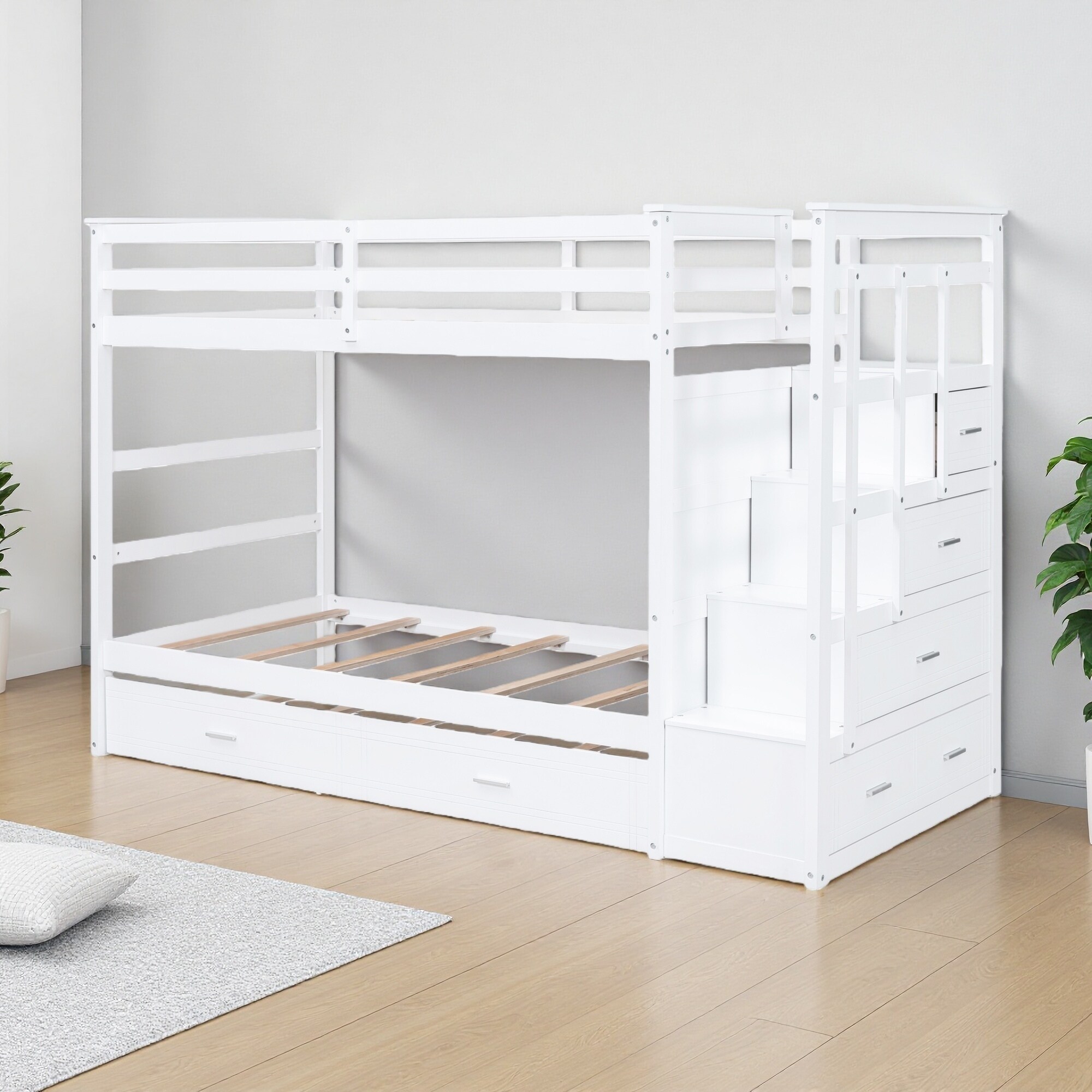 Twin Over Twin Solid Wood Bunk Bed with Trundle, Staircase and 4 Drawers