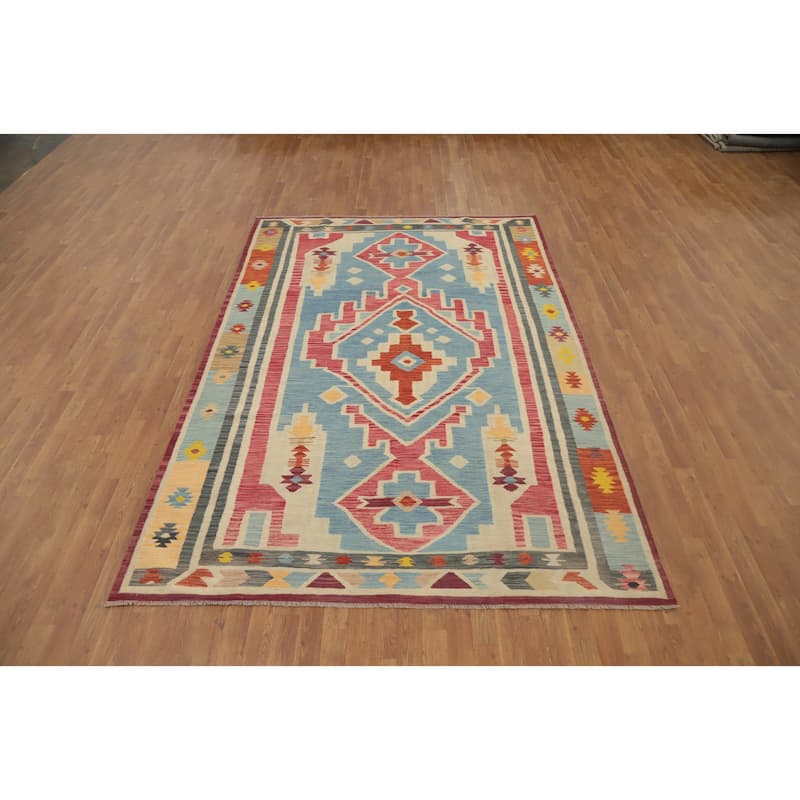 Hand Woven Oriental 100% Wool Carpet Southwestern Tribal Navy Blue & Blues Kilim Area Rug - 9' 8'' X 6' 6''