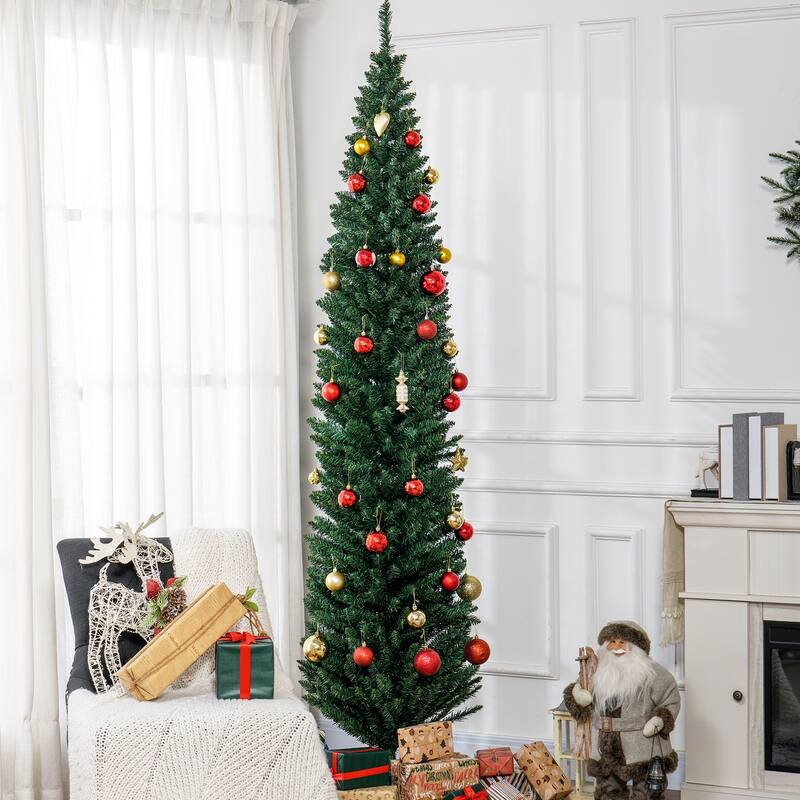 8ft Slim Pencil Artificial Christmas Tree with 618 Branch Tips and Plastic Stand