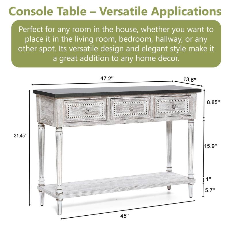 Farmhouse Distressed Wood and Metal 3-Drawer Console Table