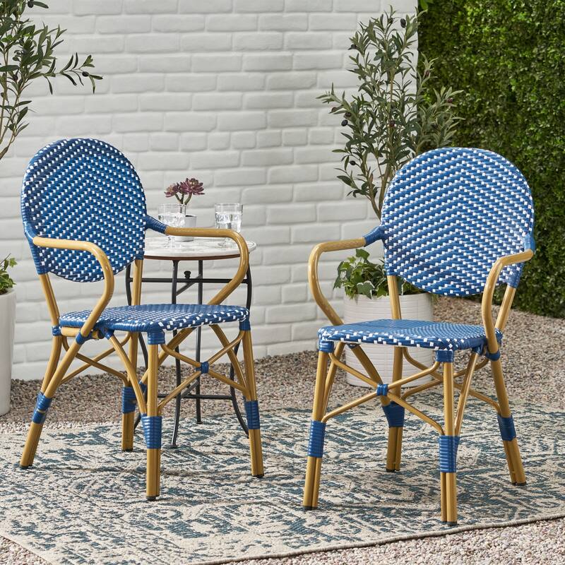 Roomfitters French Bistro Chair Set of 2, Outdoor Rattan Patio Dining Chairs with Armrests, Lightweight Stackable Design, Blue