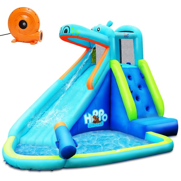 slide 2 of 13, Costway Inflatable Kids Hippo Bounce House Slide Climbing Wall Splash 5-7 Years