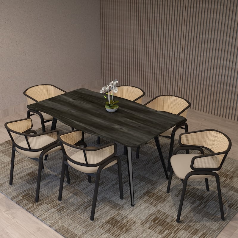 Ervilla Modern Leather Upholstered Wicker Back Dining or Accent Side Chair with Black Steel Frame for Home Furniture Set of 2