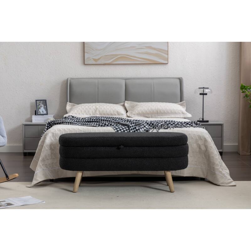 Boucle Fabric Storage Bench Bedroom Bench With Wood Legs For Living Room Bedroom Indoor