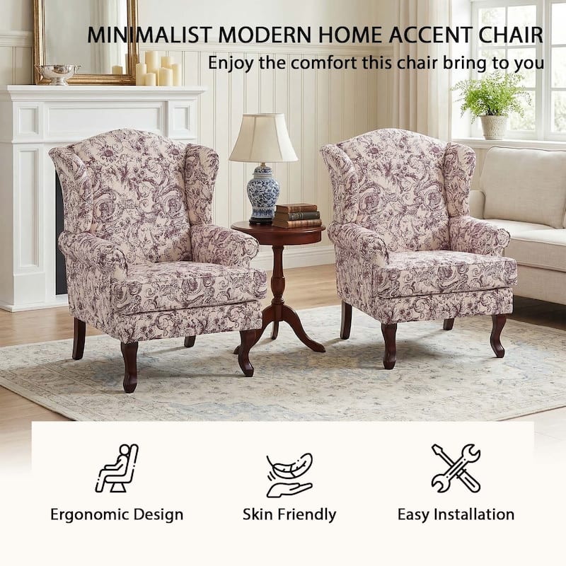 2 Set Traditional Rolled Arm Wing Back Accent Chair