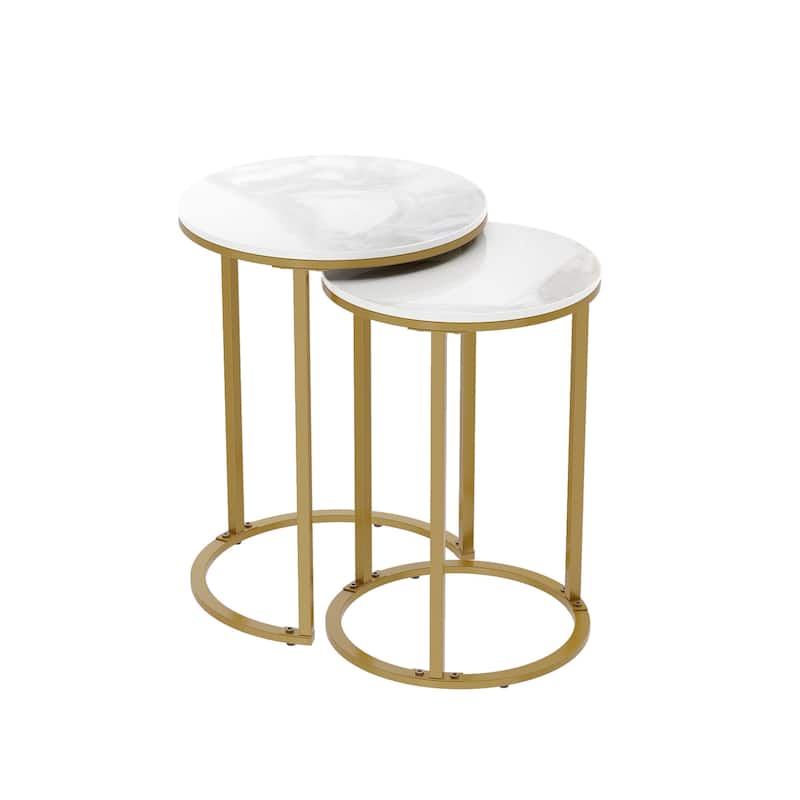 Round Nesting End Table Set Iron and Marble Accent Table - 15.7x21.5 inch & 13.7x19.7 inch