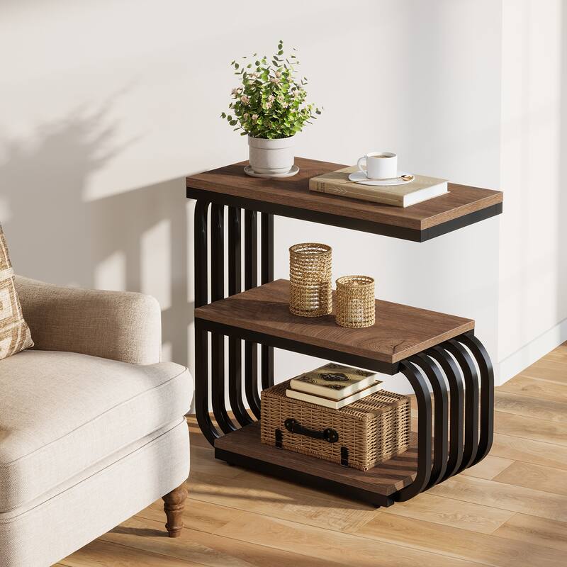 Industrial 3-Tier Metal End Table, Narrow Nightstand for Small Spaces & Living Room