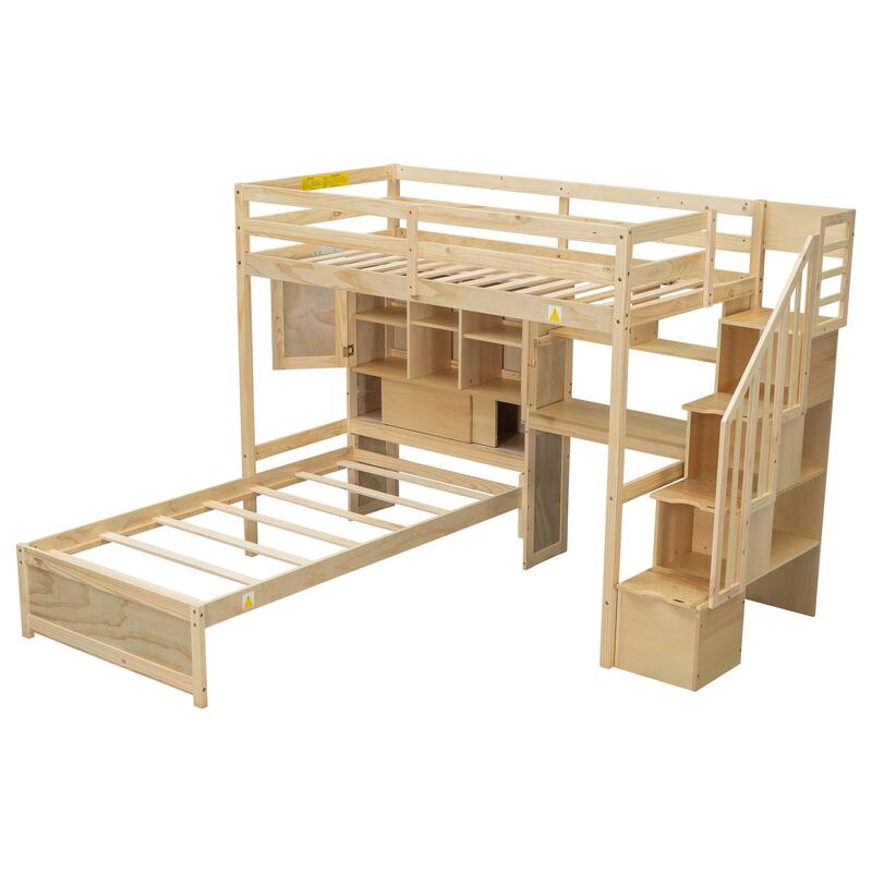 Twin over Twin Loft Bed with Built-in Desk and Staircase, With Storage Compartments and Shelves, Natural