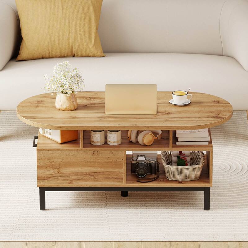 Costway 47” Oval Top Coffee Table with 4 Open Compartments & Drawer, 5 - See Details