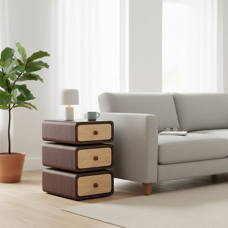 3-Tier Solid Wood Nightstand with Swivel Drawers